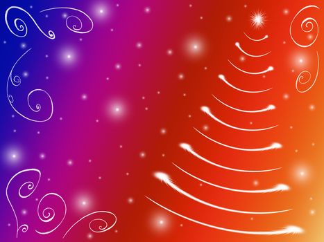 christmas tree drawn by white lights over yellow, red, violet and blue background 
