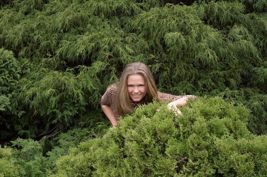 Cute young girl playing and hiding in evergreen bushes of thuya.