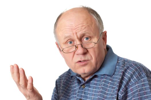 Bald senior man arguing and gesturing. Isolated on white.