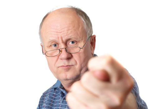 Bald senior man showing the fig. Emotional portraits series. Isolated on white.