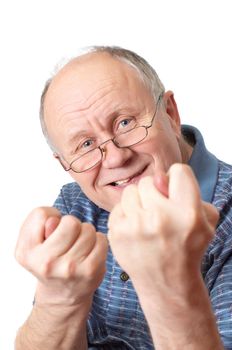 Bald senior man fooling around. Isolated on white.Emotional portraits series. 