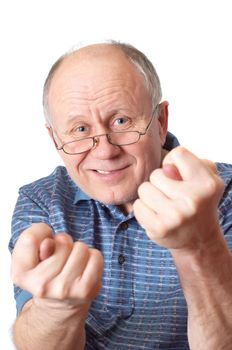 Bald senior man fooling around. Isolated on white. Emotional portraits series.