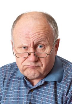 Bald senior man fooling around. Isolated on white. Emotional portraits series.