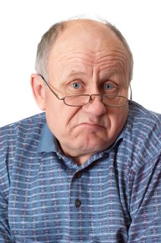 Bald senior man fooling around. Isolated on white. Emotional portraits series.