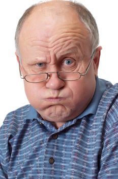 Bald senior man fooling around. Isolated on white. Emotional portraits series.