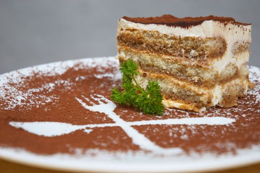 tiramisu dessert served on plate with cpecial decoration. shallow dof.