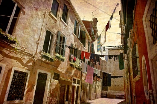 Artistic work of my own in retro style - Postcard from Italy. - Clotheslines - Venice.