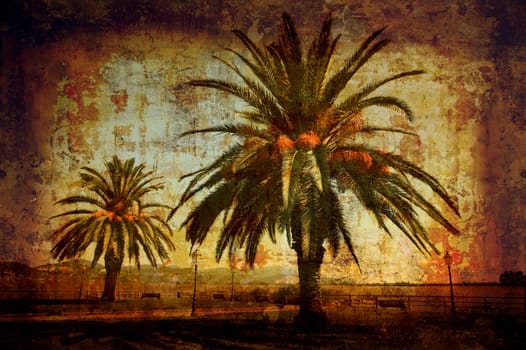 Artistic work of my own in retro style - Postcard from Italy. Palms by Lake Puccini.