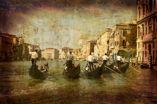 Artistic work of my own in retro style - Postcard from Italy. - Gondolas Grand Canal - Venice