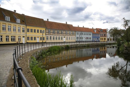 Beautiful old houses along the moat in the Danish town Nyborg.