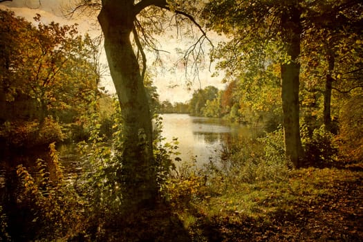 Artistic work of my own in retro style - Postcard from Denmark. - Autumn by the lake.