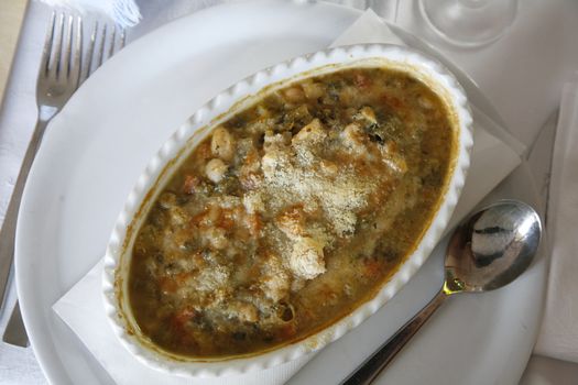 Italian vegetable soup with beans, bread and parmesan cheese. Very delicious!