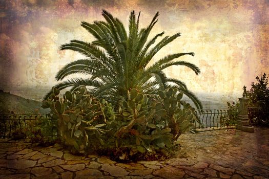 Artistic work of my own in retro style - Postcard from Italy. - Palm and cactus - Tuscany.