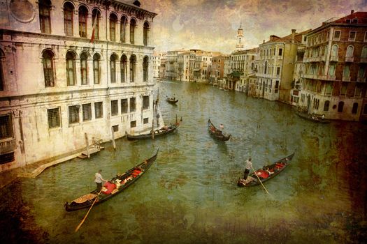 Artistic work of my own in retro style - Postcard from Italy. - Gondolas Grand Canal - Venice.