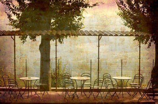 Artistic work of my own in retro style - Postcard from Italy. - Tables with view - Piedmont.