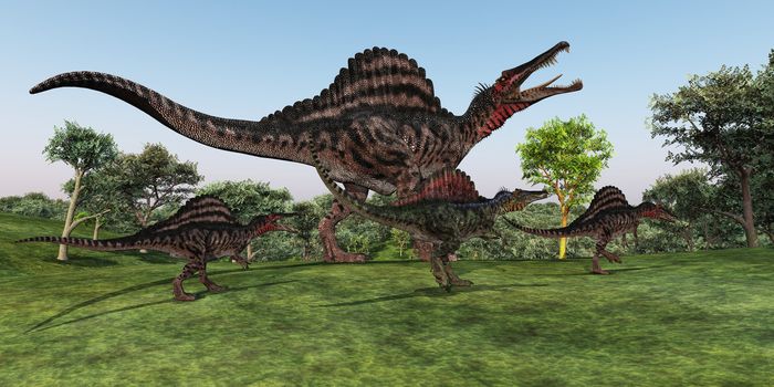 A Spinosaurus mother walks with her youngsters in prehistoric times.