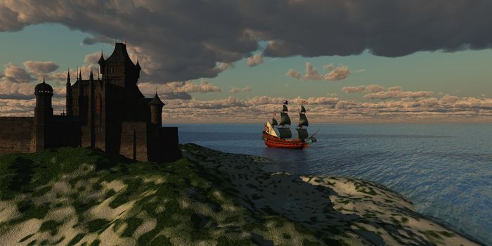 A beautiful galleon sails by an imposing castle on the shore of a new country.