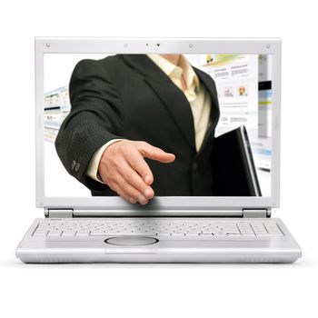 Online business handshake on white background