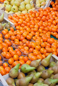 Display in a french market, clementines, pears, apples