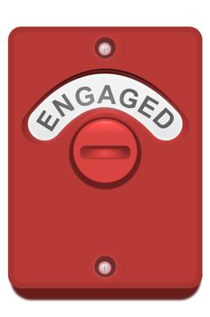 Illustration of a red toilet door lock with the 'engaged' position showing. White background.