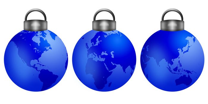 Three Christmas Tree Ornaments with World Map Isolated on White Background Illustration