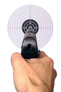 Hand with a gun pointing at the target