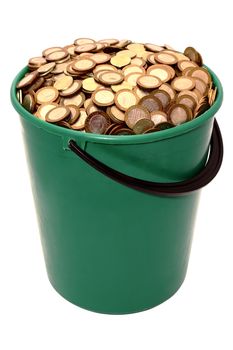 A large bucket full of coins up to the top