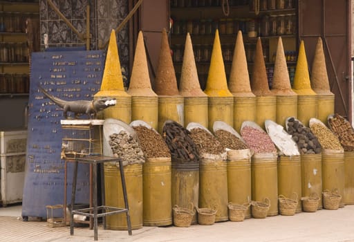 Display of spices outside a shop in the old city of Marrakesh, Morocco