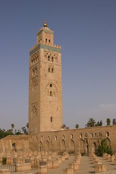 Koutoubia minaret and mosque. Historic building in the center of Marrakesh, Morocco.