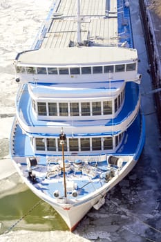 passenger ship on the winter parking lot at the pier