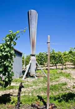 Hail cannon in Italian vineyard, Monferrato and Langhe area, Piemonte region.