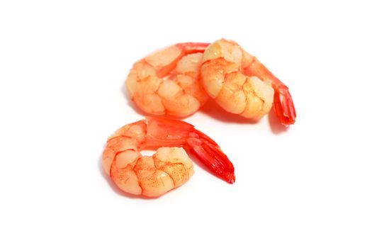 three boiled shrimps isolated on white background