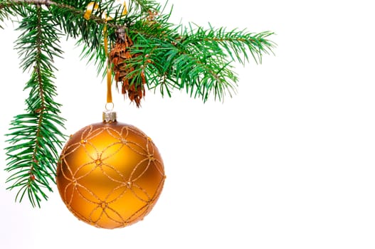 Decorative Christmas ball hangs on the Christmas tree.