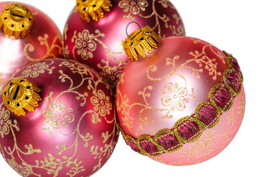 Close up decorative Christmas balls on white background, isolated.