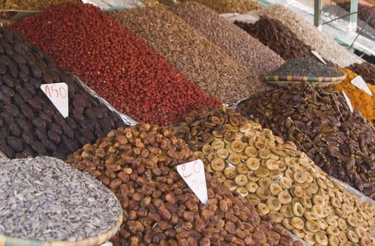 Dried fruit for sale at a market stall in Marrakesh in Morocco