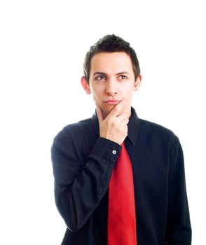 Young businessman thinking  on a white background