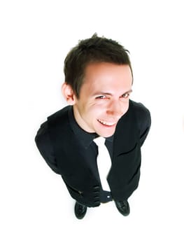 Young man smiling over a white background