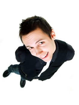 Young man smiling over a white background