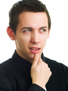 Young man thinking on a white background