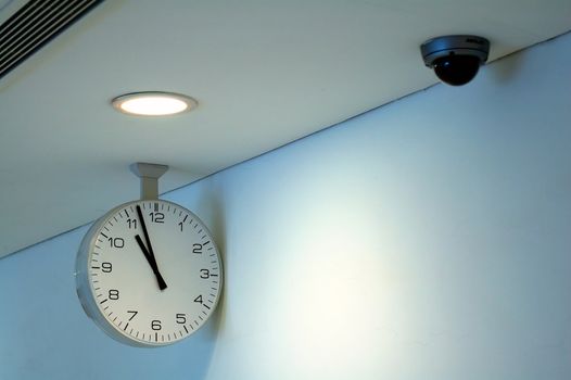 The clock and security camera of corridor ceiling