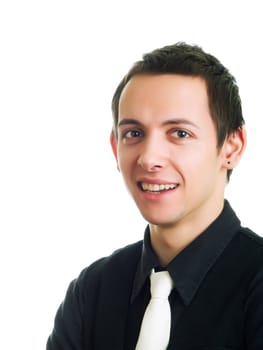 Young businessman smiling, on a white background
