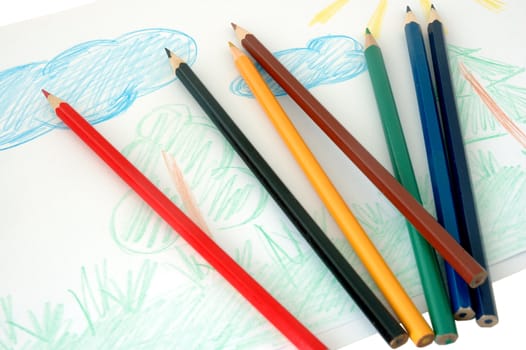 Child's drawing and colored pencils (crayons).