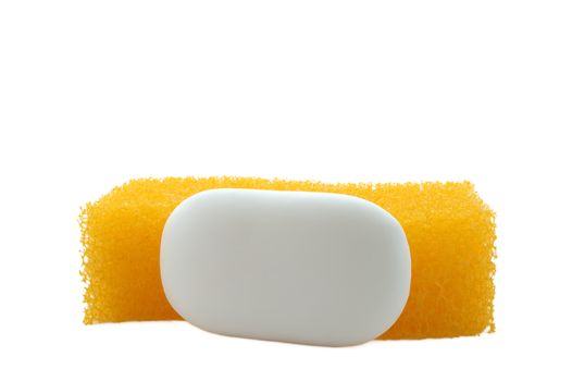 Orange sponge and white scented soap. Bath collection.