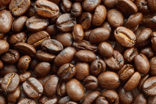 textured background: brown roasted coffee beans macro closeup