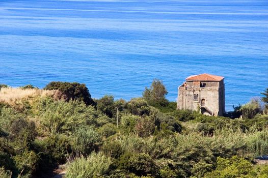 Mediterranean view with ancient tower and lush vegetation