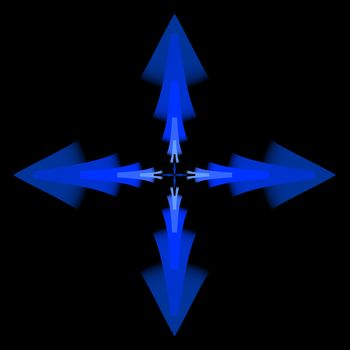An abstract fractal illustration in the shape of blue arrows pointing out from a central square.