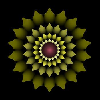 Shades of green stylized leaf shapes arranged in concentric circles of a fractal with a burgundy center bubble.
