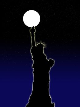 An illustration of the Statue of Liberty with a night background.
