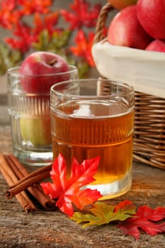 A glass of apple juice with fresh apples, fall leaves and cinnamon sticks make up this beautiful image.