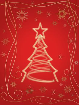 golden 3d christmas tree with gold stars, snowflakes and ornaments over red background
